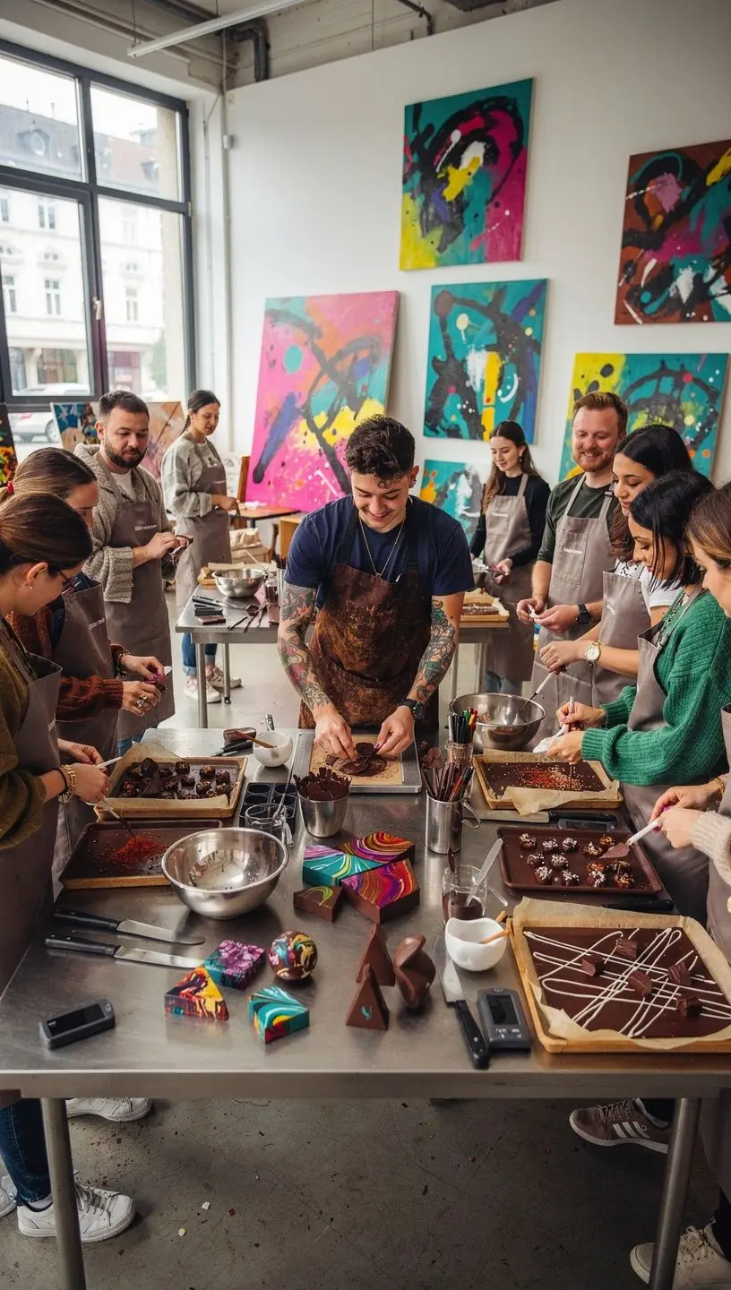 Ein Teilnehmer, der mit einem Spritzbeutel Schokolade in eine Form fГјllt.
