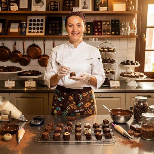 Ein Konditor, der sorgfältig Schokolade schmilzt und die perfekten Formen für Trüffel vorbereitet.